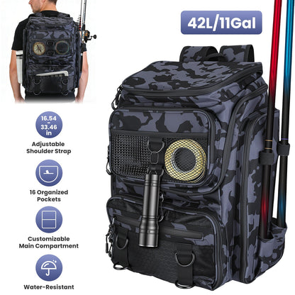 LakeForest Fishing Backpack – 42L, 16 Pockets, Dual Rod Holders & 8 D-Rings | 900D Polyester | 14.96"x9.06"x18.9" | Camo