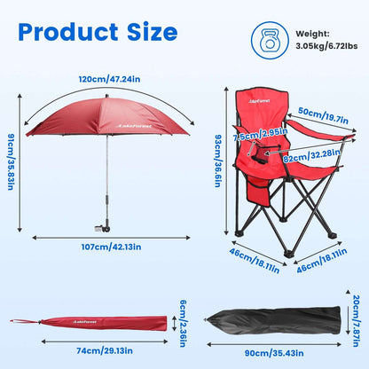 Foldable camping chair with umbrella size diagram with red chair, umbrella, and carry bag