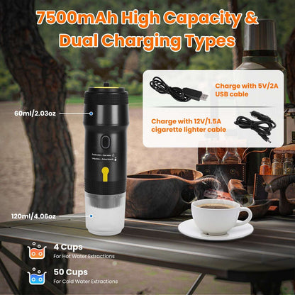 Portable espresso maker with black body and white base, yellow indicator on handle.