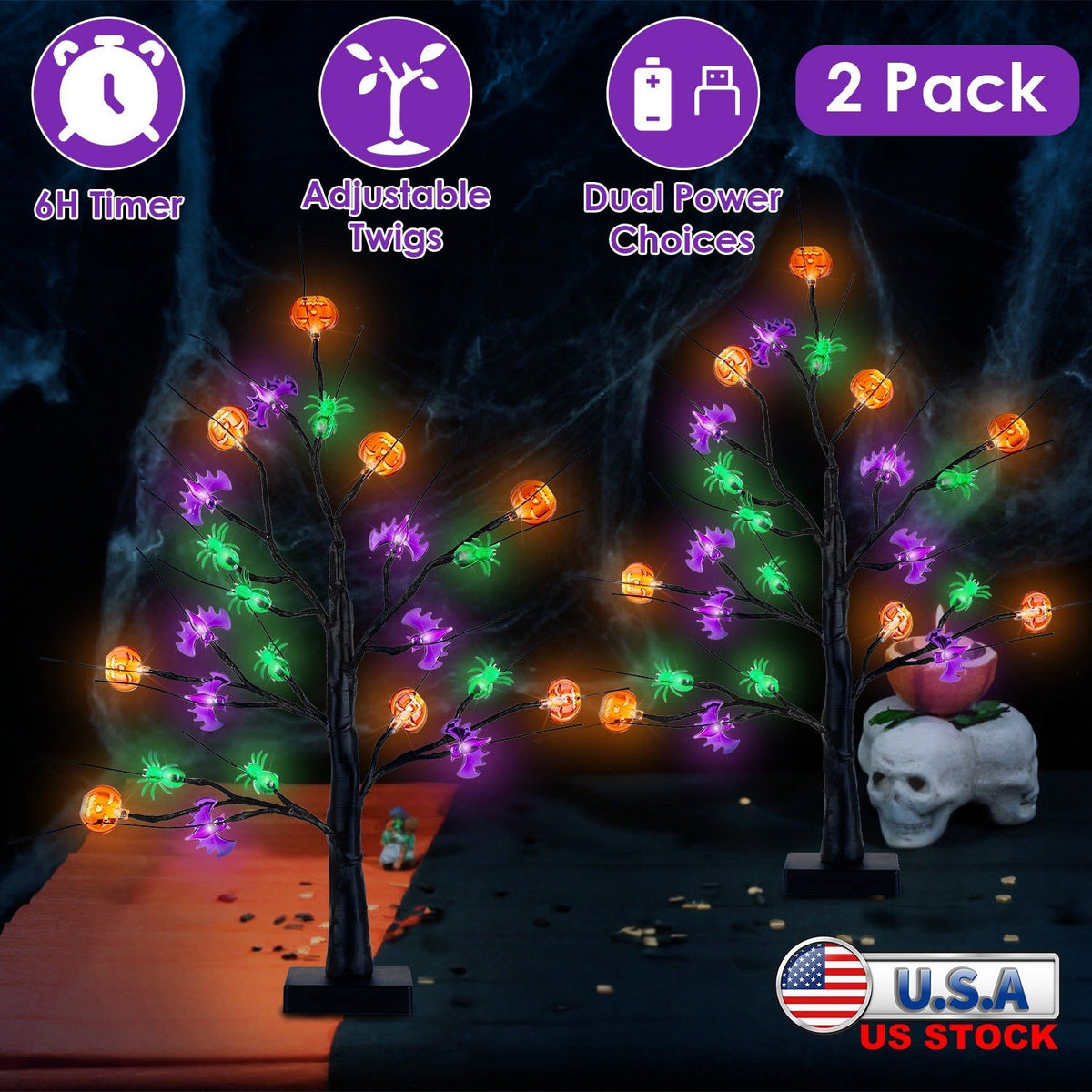 LJG 1.97ft Lighted Halloween Trees with Timer - 2 Pack