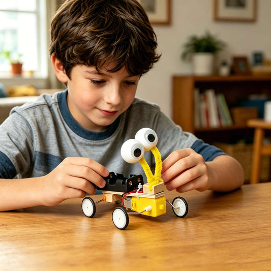 Bug robot kit with child assembling: yellow wheeled robot with googly eyes and black base