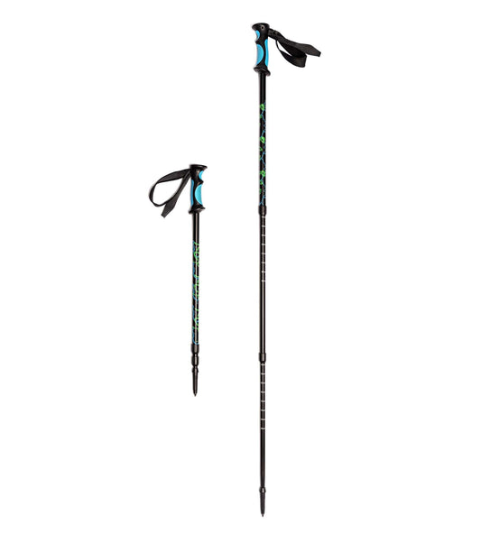 Two adjustable trekking poles with black grips, blue-green patterned shafts, and carbide tips