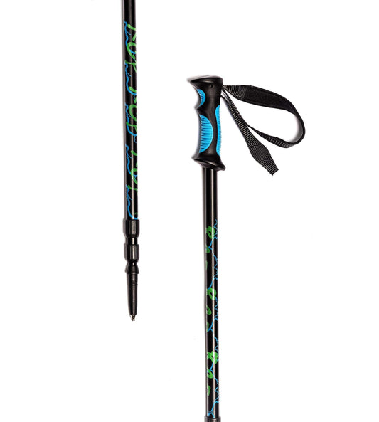 Adjustable trekking poles with blue-green patterned shafts, black straps, and pointed tips