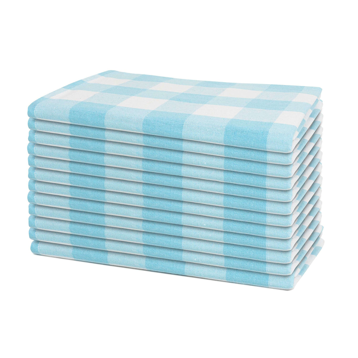 Light blue and white plaid cotton dinner napkins, set of 12, folded stack
