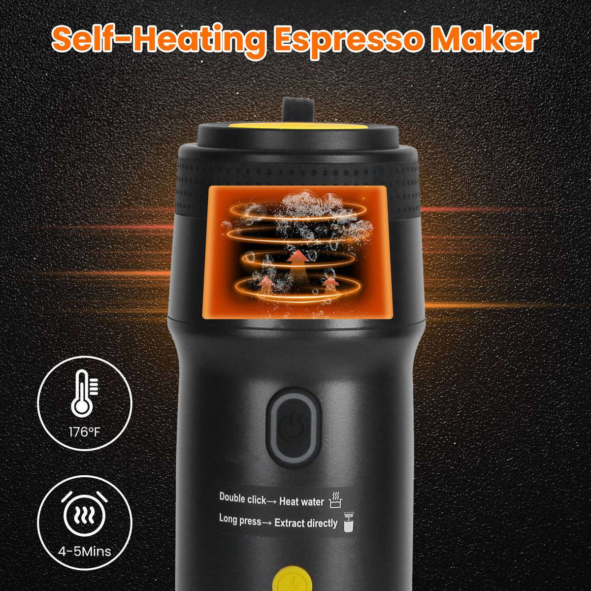 Compact self-heating espresso maker with glowing top heating plate, black body.