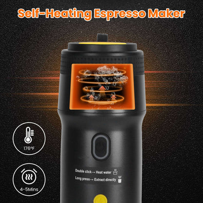 Compact self-heating espresso maker with glowing top heating plate, black body.