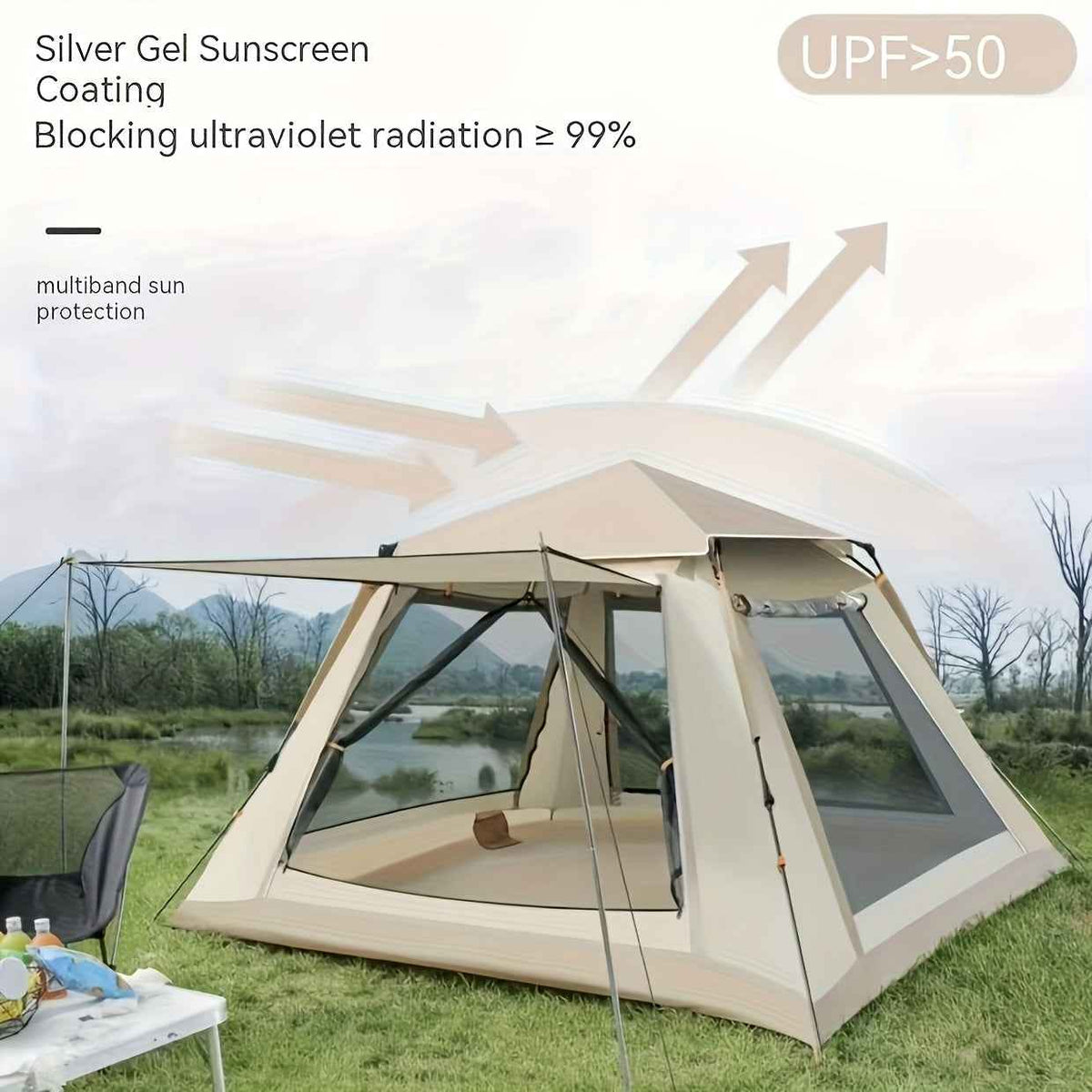 2-3 Person Camping Tent with Awning – Quick Setup, All-Season | Mosquito Net, UV Protection & Waterproof Oxford Fabric | Beige