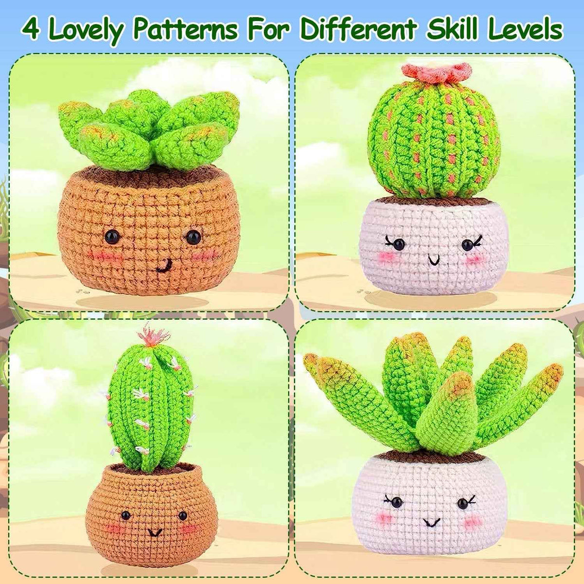 Succulent Crochet Kit for Beginners – 4 Patterns, 9 Yarn Colors & Video Tutorials