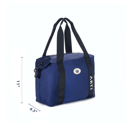 Navy polyester duffle bag with top handles, removable strap, and side ARTI lettering