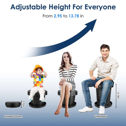 Height-adjustable collapsible toilet shown folded and extended for users of different heights