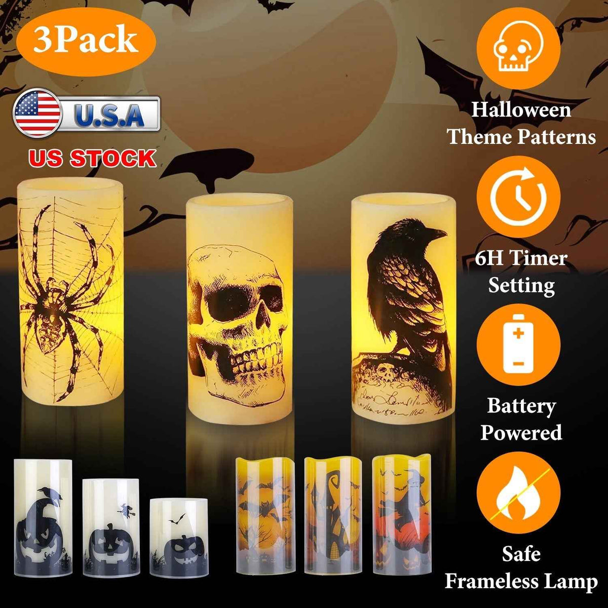3-Pack Halloween Flameless Candle Lamps with Timer – Spider, Crow & Skull