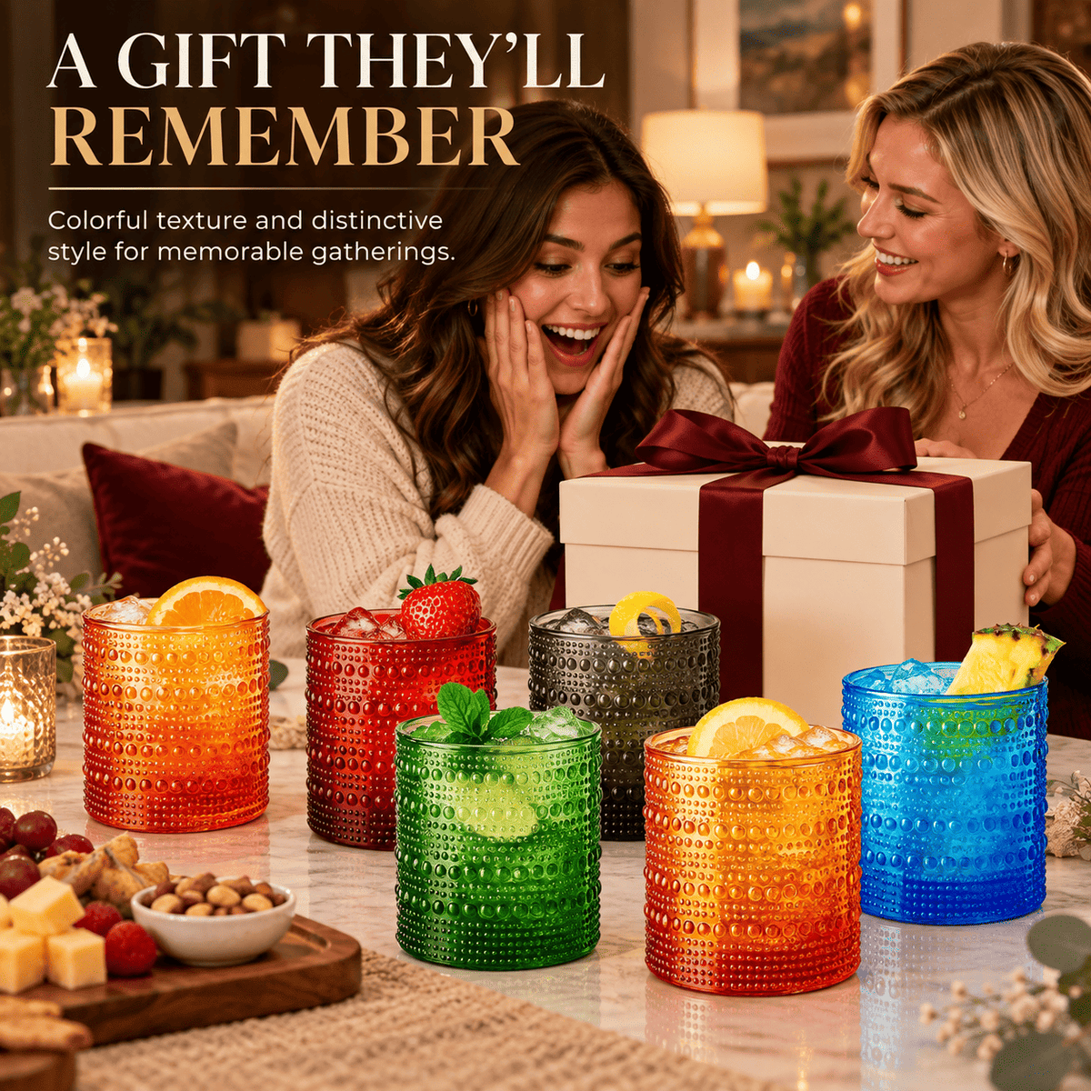 Assorted hobnail acrylic lowball glasses with raised dot texture in red, green, blue, orange