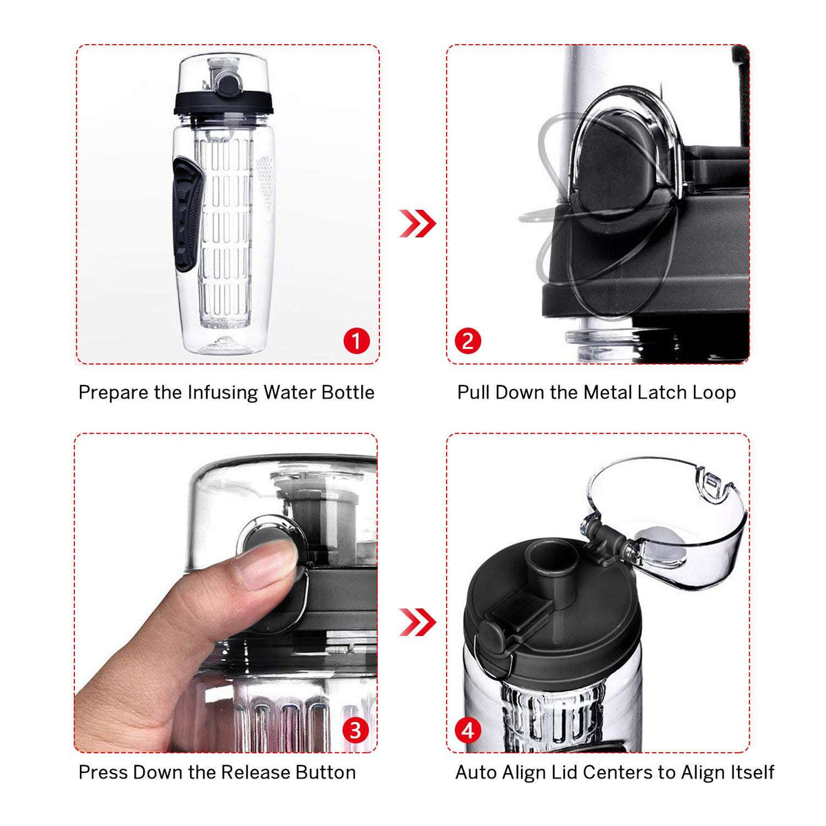 Fruit infuser water bottle with metal latch loop on flip-top lid, clear body