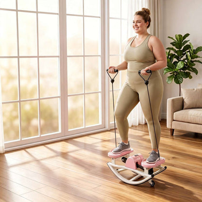 Woman exercising on a pink and white swing stepper with resistance bands