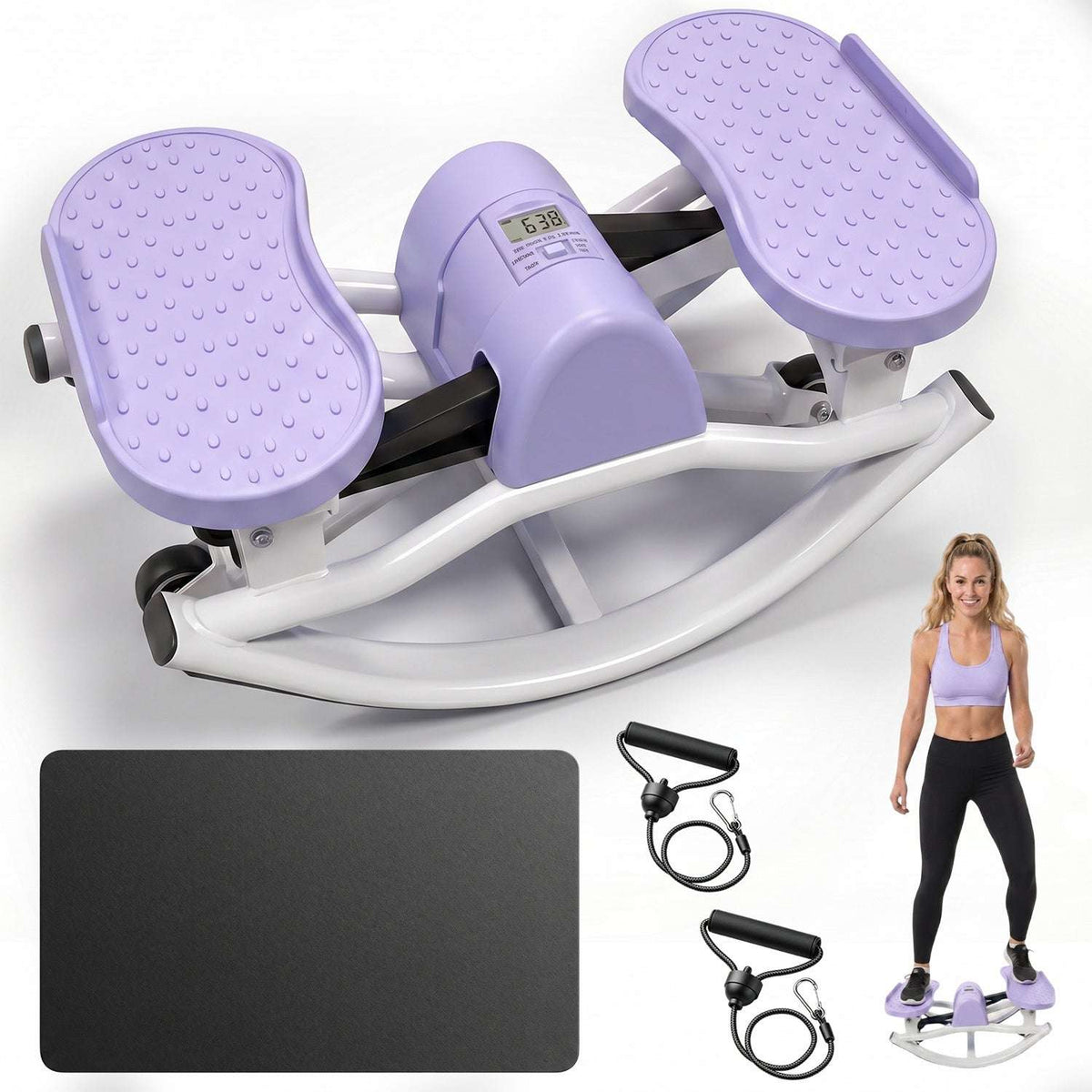 Lavender swing stepper with LCD monitor, resistance bands, and floor mat