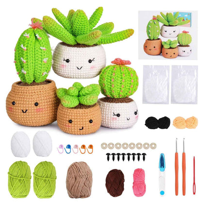 Succulent Crochet Kit for Beginners – 4 Patterns, 9 Yarn Colors & Video Tutorials