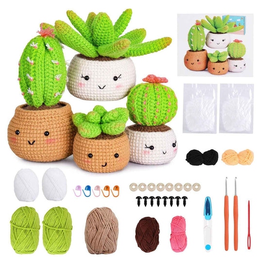 Crochet succulent amigurumi kit with finished cactus and yarn balls, hooks, needles, markers