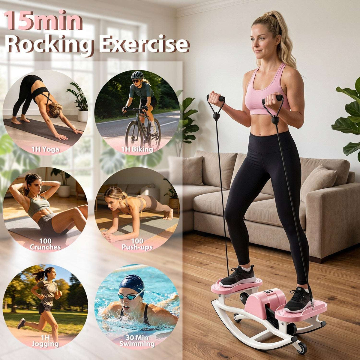 Woman using a pink and white swing stepper with resistance bands