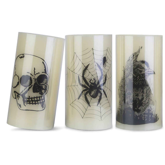 3-Pack Halloween Flameless Candle Lamps with Timer – Spider, Crow & Skull