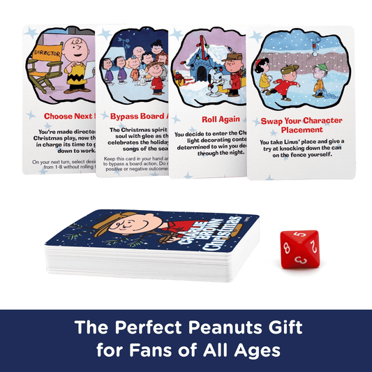 Set of instruction cards with four scenes and a red die for a Christmas board game
