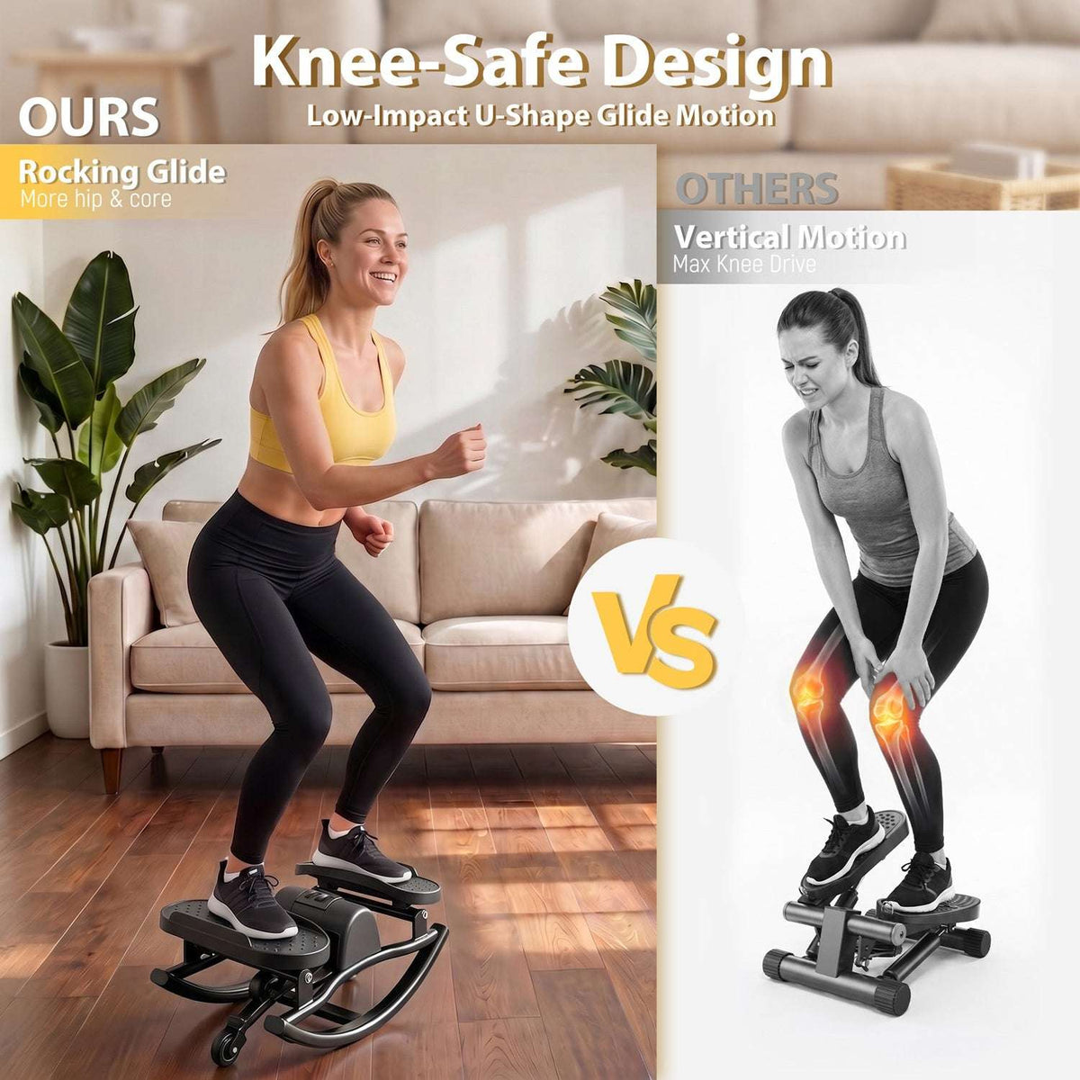 Woman using a swing stepper with rocking glide motion demonstration