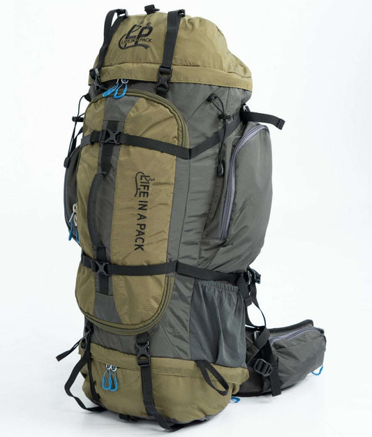 Olive and gray hiking backpack with front pocket, side straps, and harness