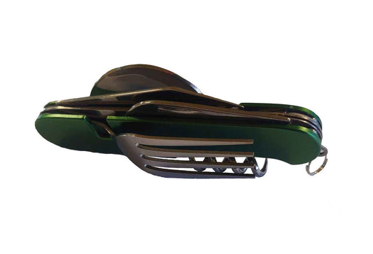 Stainless steel camping utensil set in green folding case with knife and fork
