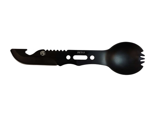 Lightweight camping spork with black fork and spoon ends, pierced handle