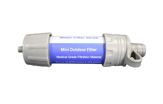 Compact water filter straw with medical-grade filtration housing and protective cap