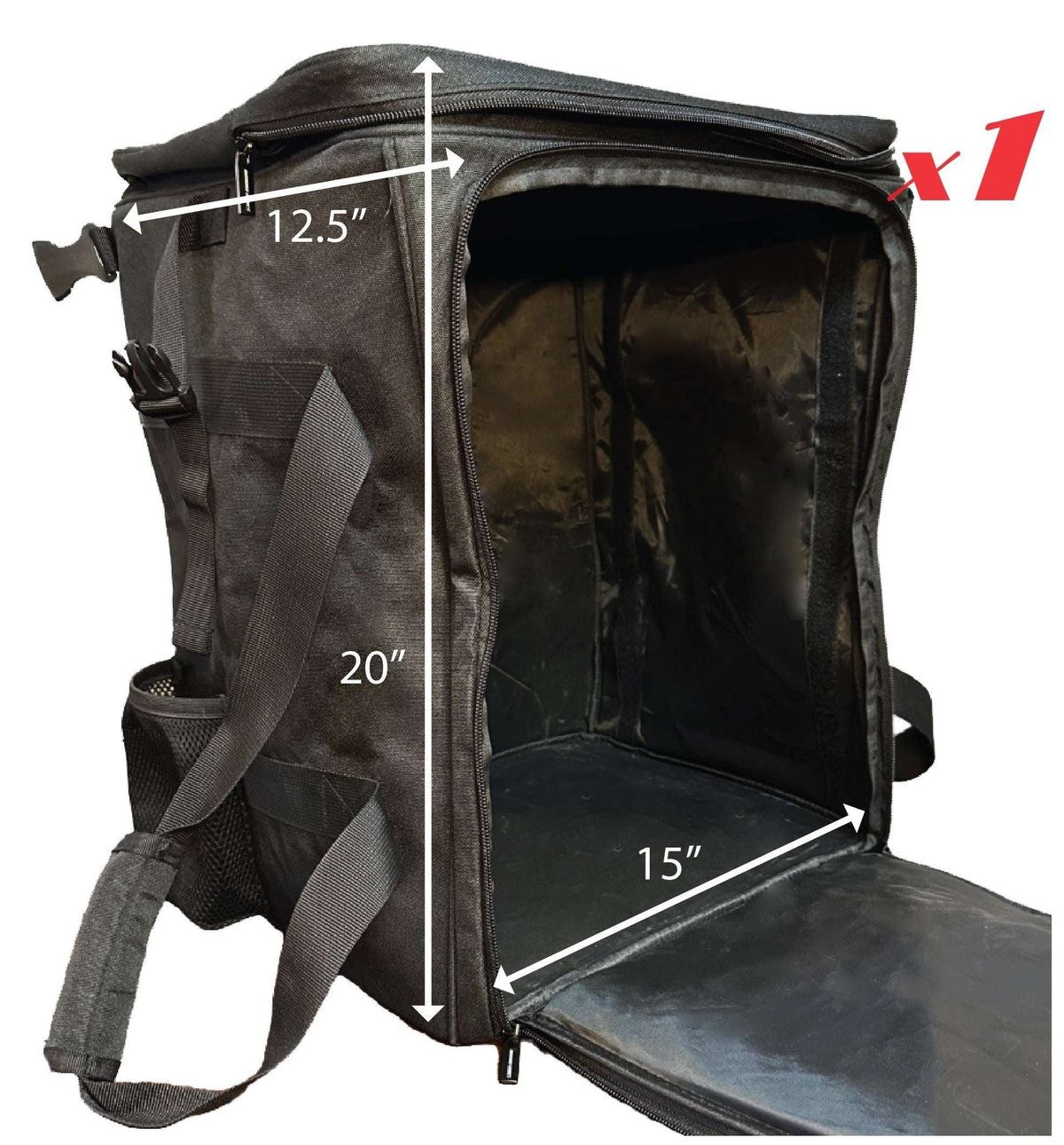 Gray padded board game travel bag open with interior base and side straps