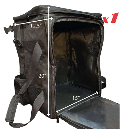Gray padded board game travel bag open with interior base and side straps