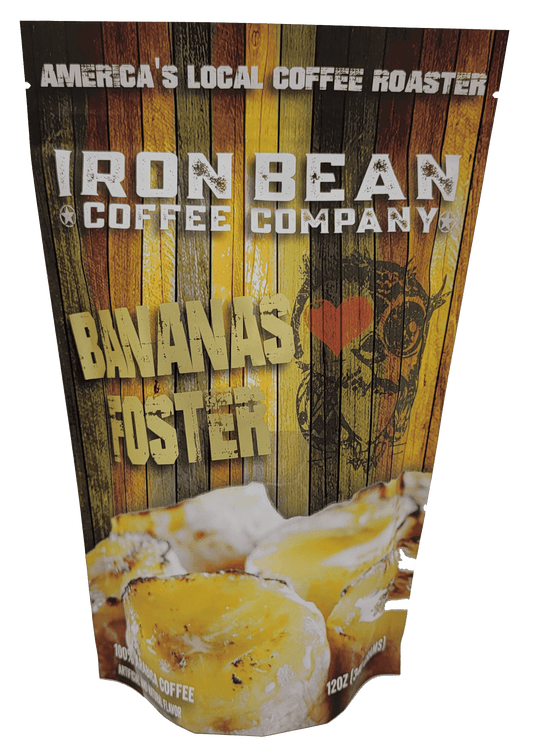 Bananas Foster flavored coffee bag with coffee beans and frosted banana slices