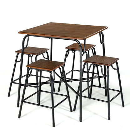 Five-piece bar table set with rustic brown tops and black metal frames, including four backless stools.