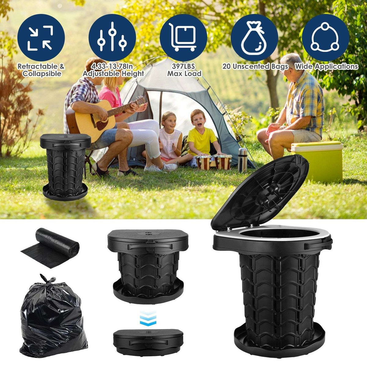 Adjustable black portable toilet displayed open, collapsed and with waste bags