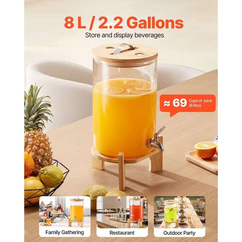 2.2-gallon clear glass beverage dispenser with bamboo stand and metal spigot, top lid