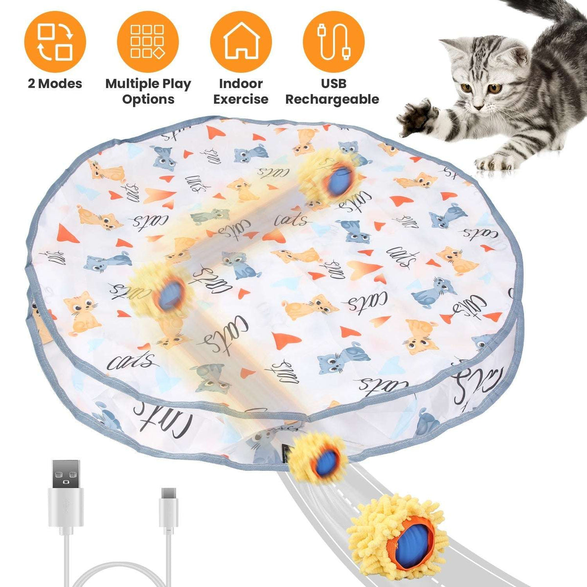 Round cat play mat with animal print and two fuzzy ball toys with control icons