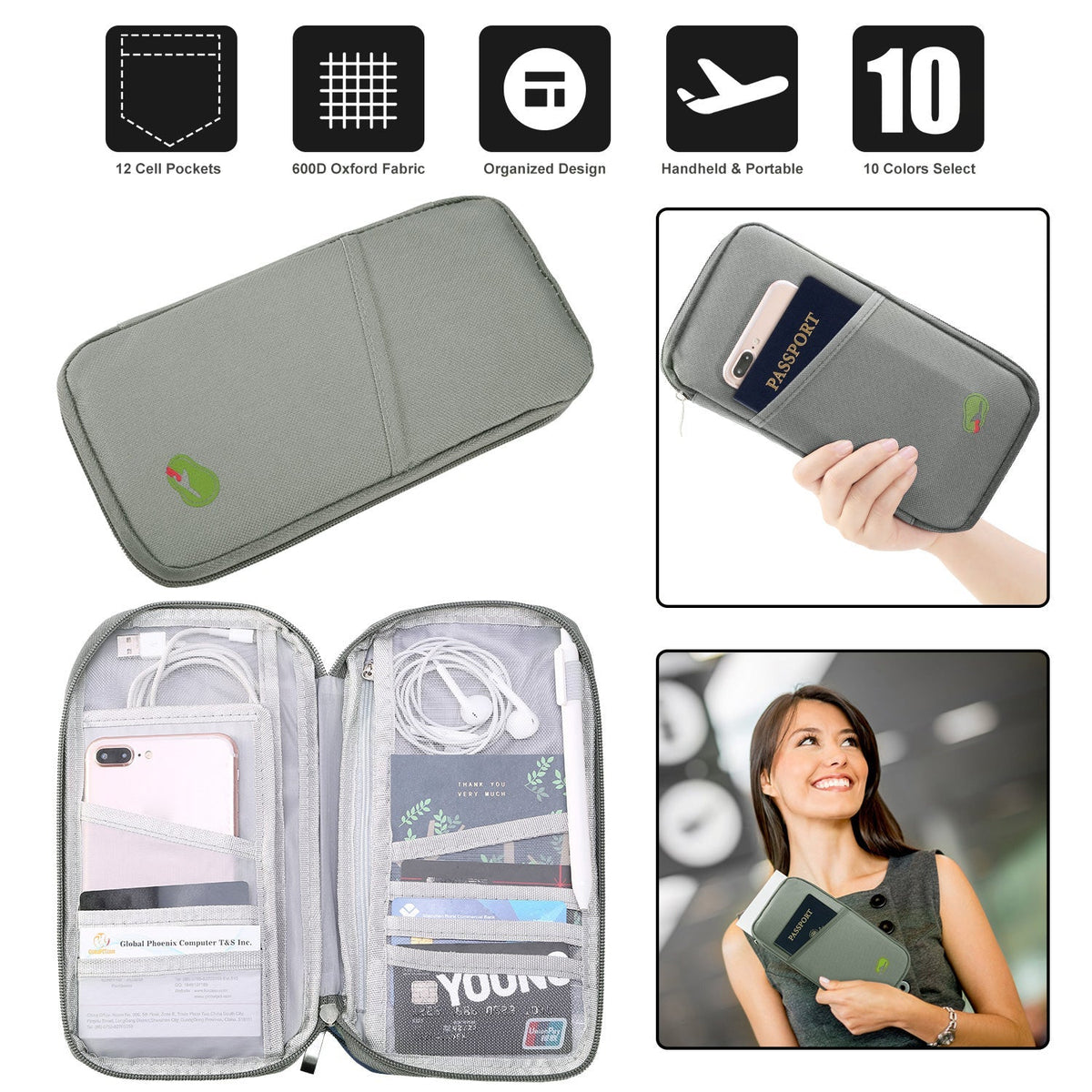 LJG Travel Passport Wallet – 12-Cell Organizer, Water-Repellent Zipper Case