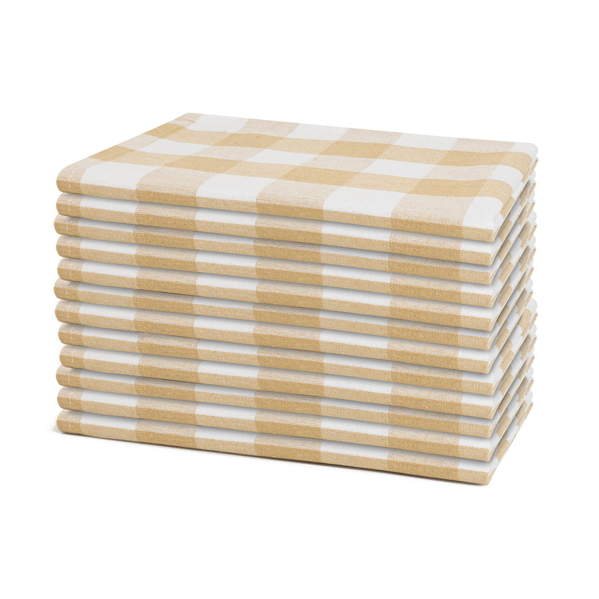 Taupe and white plaid cotton dinner napkins, set of 12, folded stack