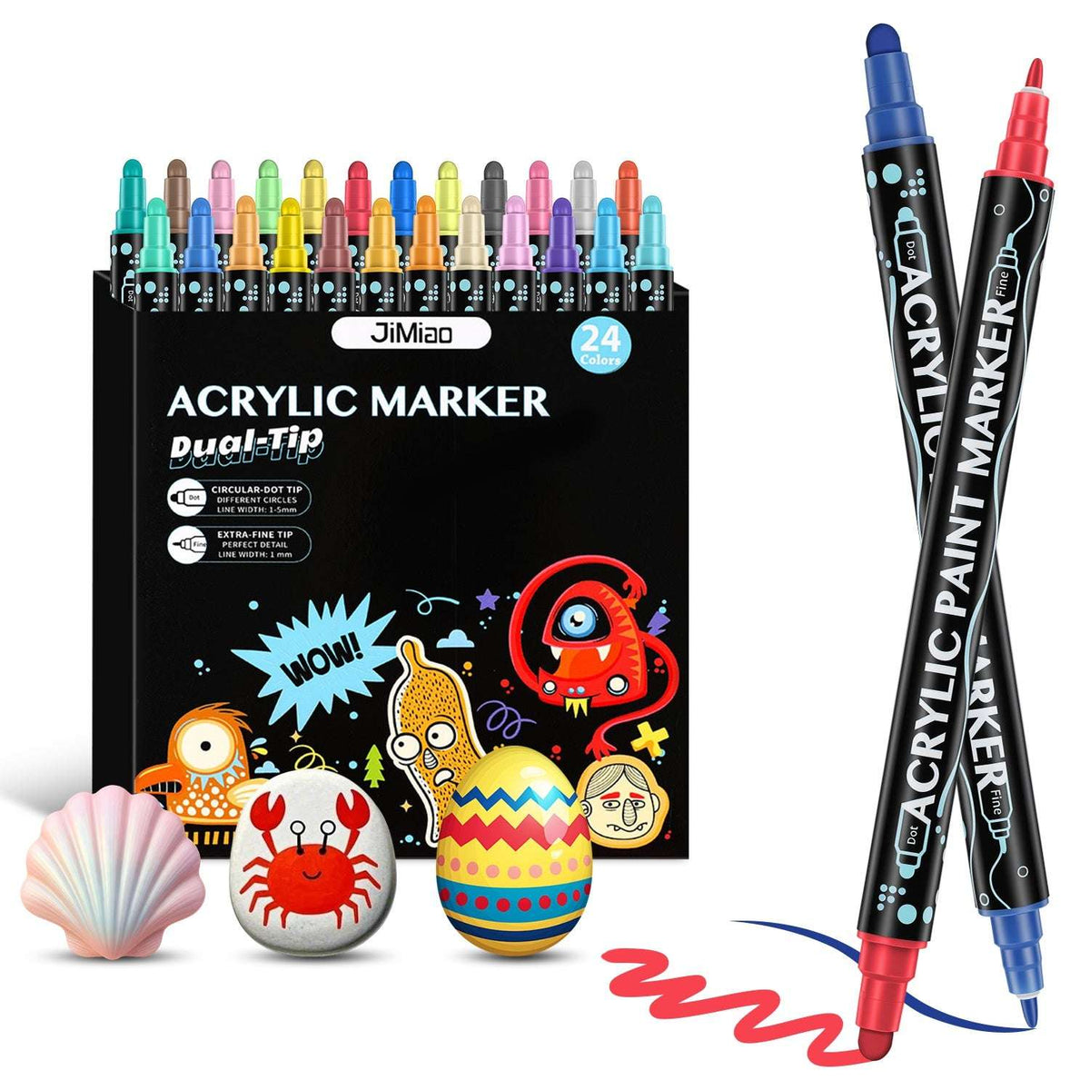 Acrylic paint marker set with dual tips, 24 colors, two capped markers
