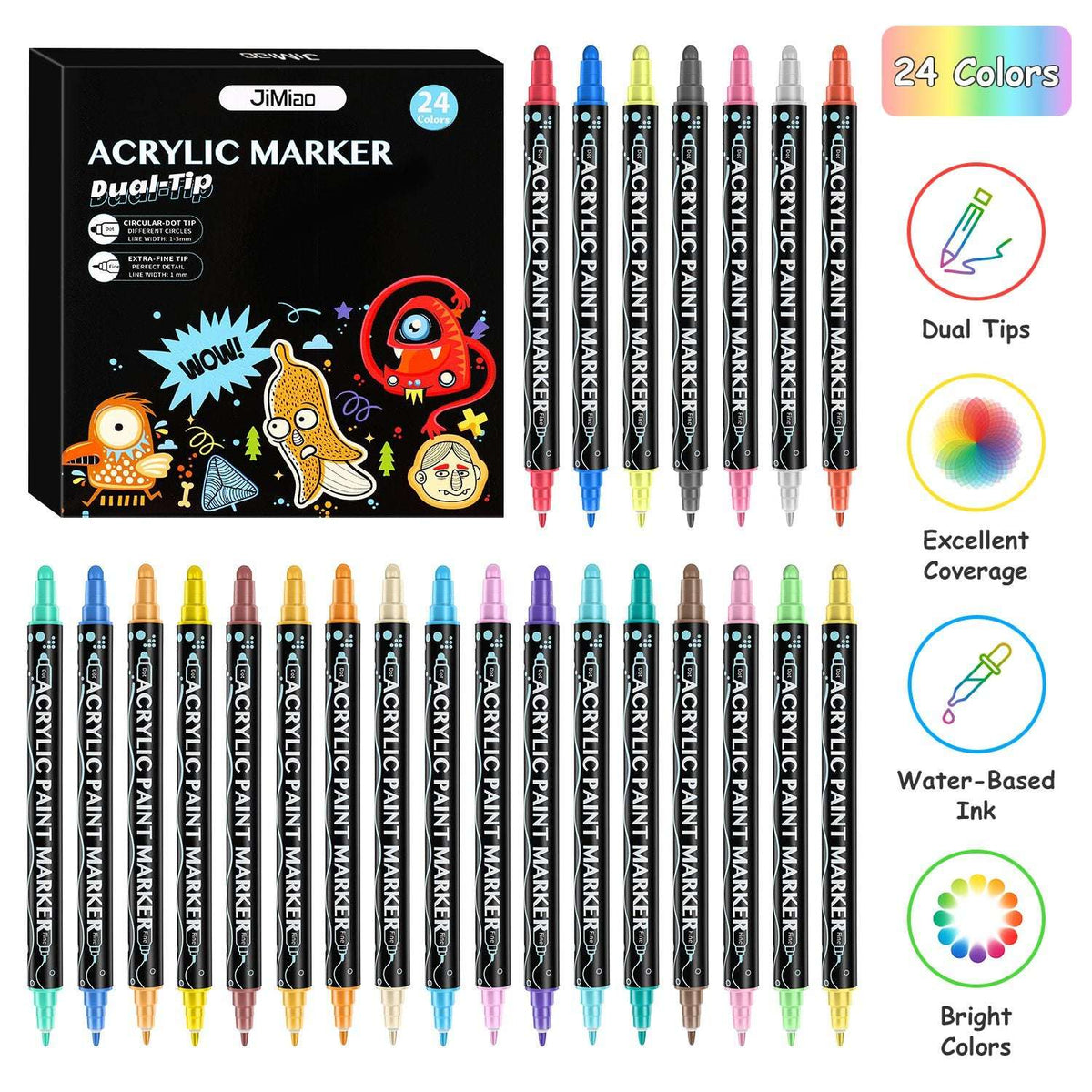 Acrylic paint marker set with dual tips, 24 colors, box with color lineup