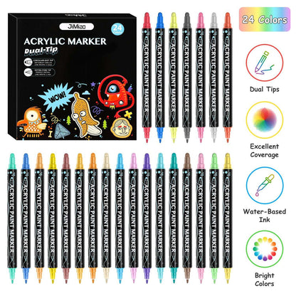 Acrylic paint marker set with dual tips, 24 colors, box with color lineup