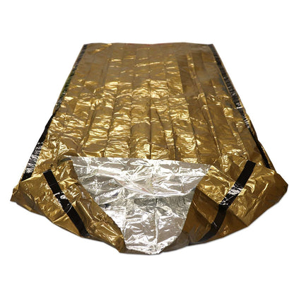 Emergency bivvy sleeping bag, open gold and silver reflective foil with securing straps