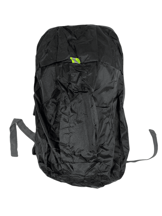 Compactable polyester day pack, black with neon green logo and front pocket