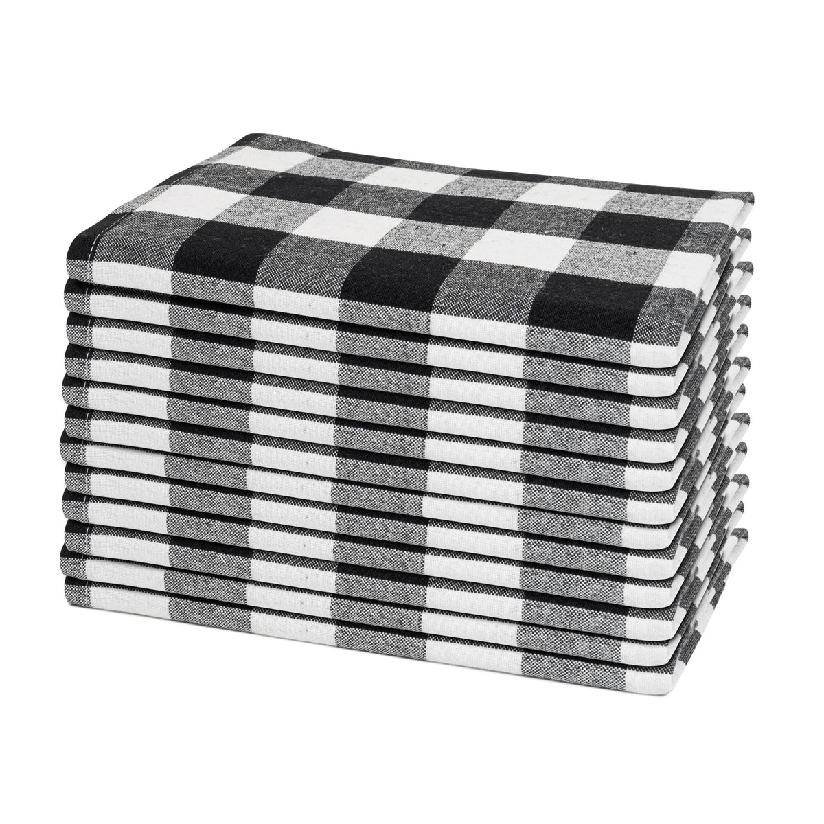 Black and white plaid cotton dinner napkins, set of 12, folded stack