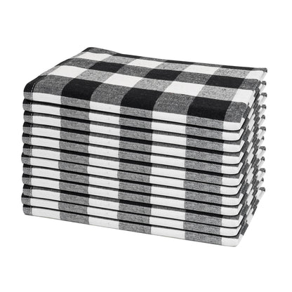 Black and white plaid cotton dinner napkins, set of 12, folded stack