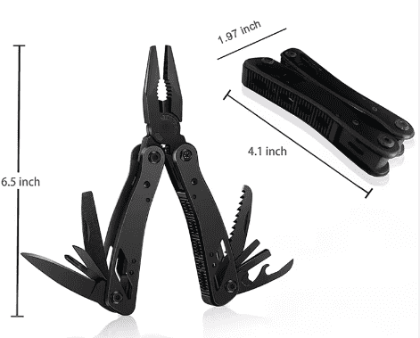 Black folding multi-tool pliers with knife, saw, screwdriver bits, and wrench head
