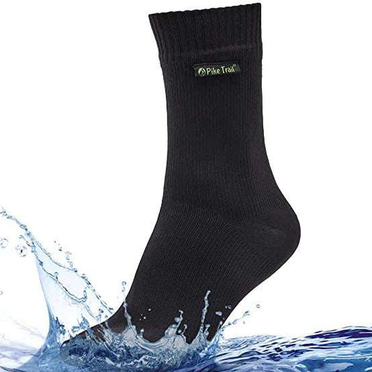 Black crew waterproof socks with ribbed cuffs and textured knit