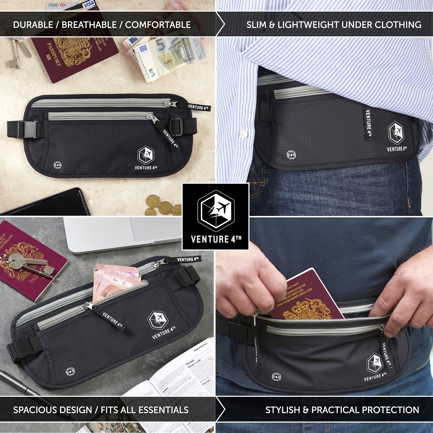 VENTURE 4TH Travel Money Belt with RFID Blocking | Fits Up to 56" Waist | 5 Colors - Niksstuff
