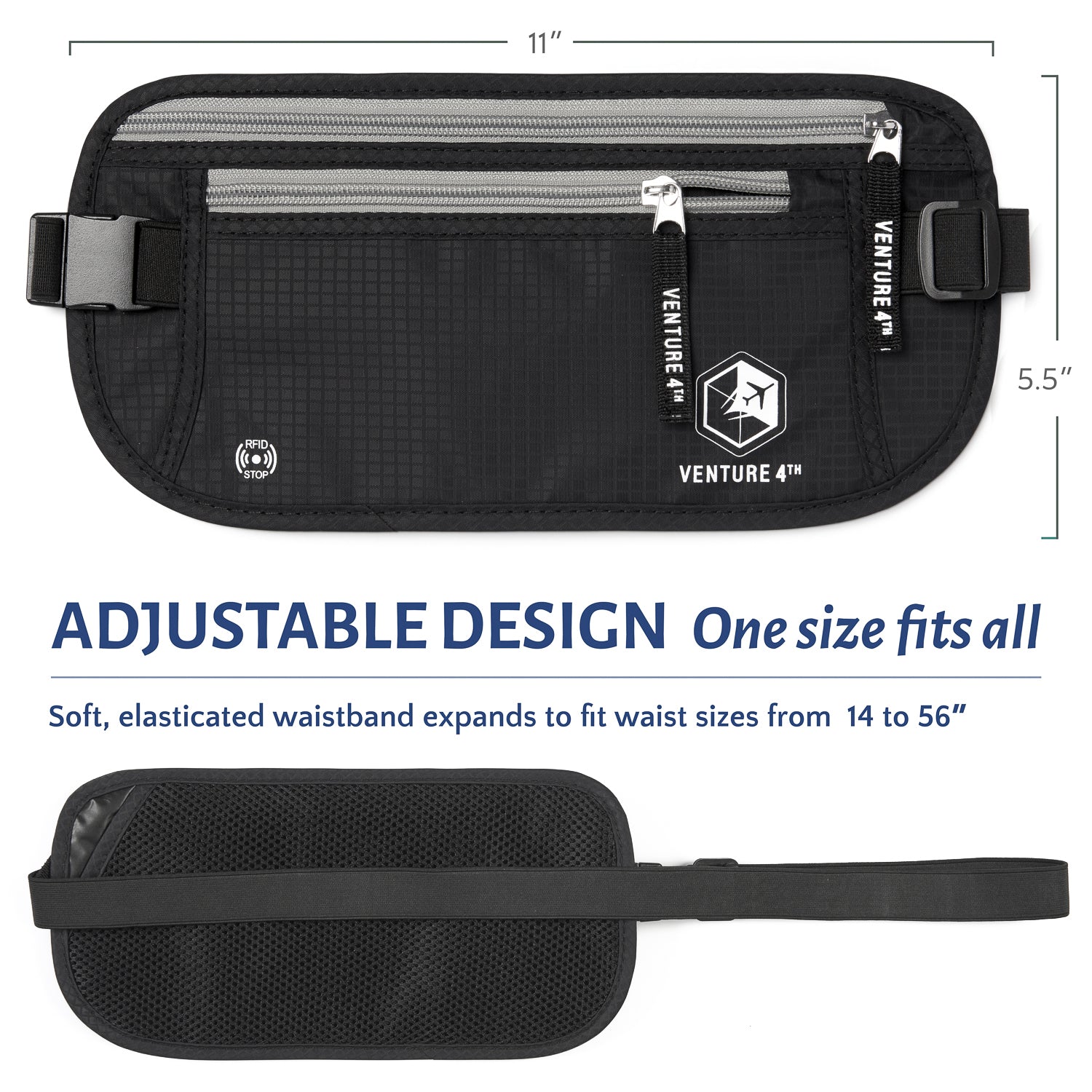 VENTURE 4TH Travel Money Belt with RFID Blocking | Fits Up to 56" Waist | 5 Colors - Niksstuff