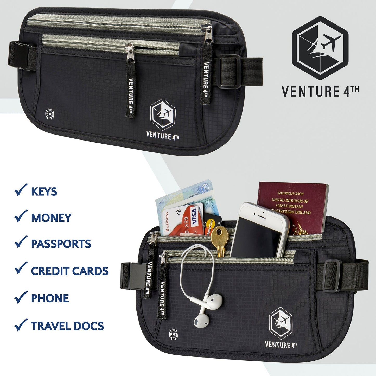 VENTURE 4TH Travel Money Belt with RFID Blocking | Fits Up to 56" Waist | 5 Colors - Niksstuff